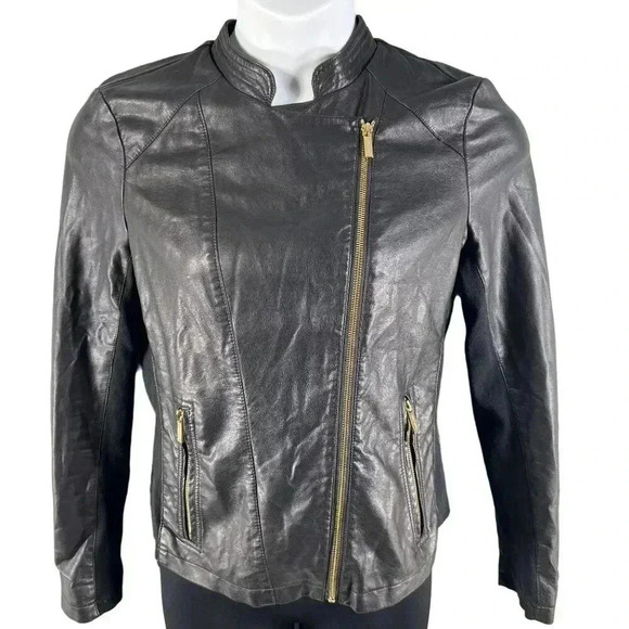Calvin Klein Size 8 Vegan Black leather jacket gold hardware Asymmetrical Lined - Picture 1 of 16